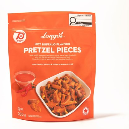 Longo&rsquo;s hot buffalo pretzel pieces snack bag, spicy pretzel bites with buffalo seasoning, 200g resealable package